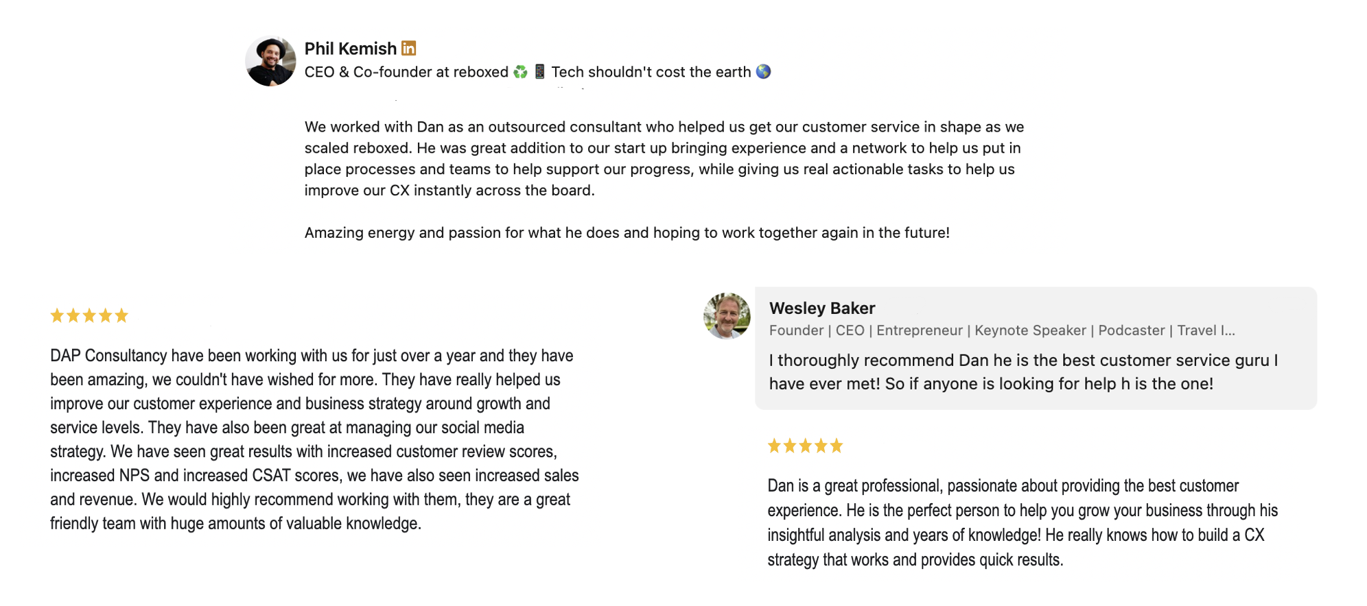 Original client testimonials for DAP Consultancy, including reviews from Phil Kemish and Wesley Baker